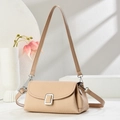 Fashionable beige woven texture shoulder bag with silver square buckle and slim strap - Khaki