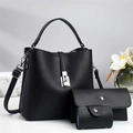 3-teiliges Set aus schwarzem Leder mit Handtasche, Clutch und Kartenhalter - Schwarz