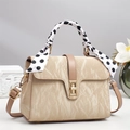 Chic off-white marble pattern crossbody bag with scarf-wrapped handle and gold lock - Khaki