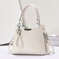 Detailed macro of cream lychee texture leather handbag with silver metallic logo hardware - 25x19x12cm / Off White