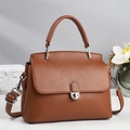 Detailed macro shot of brown litchi grain leather texture and silver twist lock on handbag - Earthy Yellow