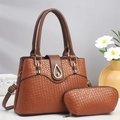 Two-piece set lizard-texture brown tote and matching pouch with metallic hardware accents - Earthy Yellow
