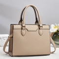 Minimalist beige leather tote bag with grainy texture and golden logo for office commute - Khaki