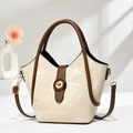 Elegante bolso de mano plisado beige con asas marrones y cierre de giro retro - Blanco Roto