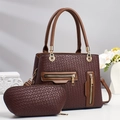 Deep brown woven texture shoulder bag and clutch set with gold hardware and floral charm - Coffee