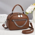 Brown lychee leather apple bag with chunky silver chain and adjustable shoulder strap - Khaki/Earth Yellow