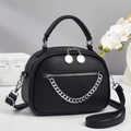 Elegant black lychee leather crossbody apple bag with silver chain details for women - Black