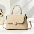 Sac bandoulière élégant en cuir grainé beige avec fermoir rotatif en métal doré - Khaki Clair