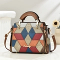Sac à main multicolore en cuir à motif géométrique crocodile avec poignée et bandoulière - Kaki (Patchwork Géométrique)