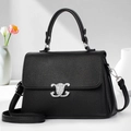 Chic black litchi pattern leather shoulder bag with decorative diamond metal buckle detail - Black