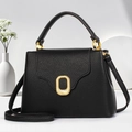 Classic black lychee pattern leather handbag with gold metal clasp for women - Black