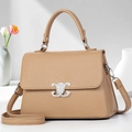 Minimalist tan litchi leather crossbody bag with silver rhinestone buckle and top handle - Khaki
