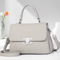Gray lychee grain leather crossbody handbag with silver diamond-studded buckle and top handle - Gray