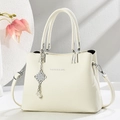 Chic cream litchi texture tote bag with crossbody strap and pearl charm accessories - Off White