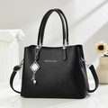 Black litchi grain leather Boston tote bag with pearl charm and silver fashion lettering - Black