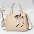 Elegant beige quilted handbag with silk scarf handle and detachable crossbody strap - Light Khaki