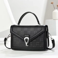 Detail of black crocodile texture handbag with silver horseshoe buckle and strap - Black