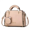 Elegant pink handbag with cute cat pendant and adjustable strap in a clean frontal view - Khaki