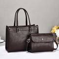Dark brown lychee texture leather tote and crossbody bag set with silver hardware - Two-Piece Set / Coffee