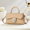 Minimalist beige crossbody messenger bag with round metallic lock and top handle - Khaki