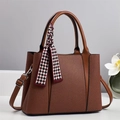 Elegant brown patchwork canvas handbag with leather trim and silk scarf accessory - Khaki/Earth Yellow