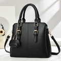 Black lychee texture PU leather handbag with gold buckles and detachable shoulder strap - Black