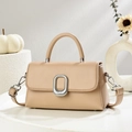 Beige vintage leather crossbody bag with oval silver buckle in minimalist setting - Khaki