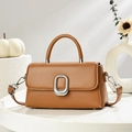 Caramel brown pebbled leather crossbody bag with silver oval buckle and top handle - Khaki/Earth Yellow