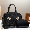 Glossy black crocodile pattern handbag set with two gold buckles and shoulder strap - Black