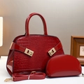 Elegant red crocodile pattern handbag set with golden hardware and detachable strap - Red
