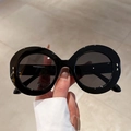 Vintage round oversized black sunglasses with silver rivet accents and dark lenses - Black Frame Black Grey Lens