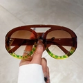 Gafas de sol retro ovaladas grandes con puente doble y montura de leopardo exterior - Montura verde té con lente marrón degradado