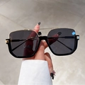 Fashionable square half-frame sunglasses in black with gold double bridge metal detail - Black Gold Frame Black Grey Lens