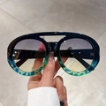 Gafas de sol aviador retro con montura degradada azul-verde y detalles de leopardo - Montura Azul Verde Lentes Azul Amarillo