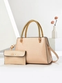 Detail of apricot crocodile-pattern tote set with gold woven handles and small pouch - Khaki