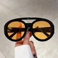 Gafas de sol de piloto retro con montura negra gruesa y lentes ámbar con doble puente - Marco Negro Lentes Naranjas