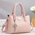 Pink woven texture handbag for women featuring a heart metal buckle and crossbody strap - Pink