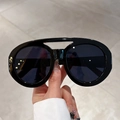 Retro oversized oval double-bridge sunglasses with black frames and dark lenses - Black Frame Black Grey Lens