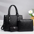 Black woven 3-piece bag set with tote, pouch and wallet featuring silver studs decoration - Black