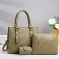 Three-piece olive green woven texture tote set including handbag, clutch and card holder - Green