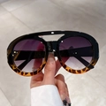 Retro oversized sunglasses with gradient purple lenses and leopard print double bridge frame - Black Tortoise Frame Gradient Grey Lens
