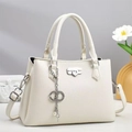 Minimalist cream white pebbled leather tote bag with silver chain and pearl pendant - Off White