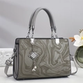 Elegant grey marble texture handbag with pearl charm and silver hardware top handles - Gray