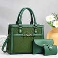 Deep green 3-piece handbag set with textured pattern and elegant gold chain hardware - Green