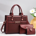 Three-piece burgundy composite handbag set with geometric texture and gold chain detail - Red