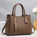 Dark brown crocodile embossed tote bag with dual handles and adjustable shoulder strap - Dark Khaki