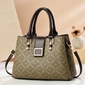 Grand sac fourre-tout à imprimé monogramme vintage et poignées en cuir marron - Khaki & Café