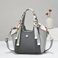 Elegant grey textured handbag with silk scarf handle and detachable shoulder strap - Gray