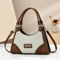 Bolso hobo bicolor beige y marrón con textura de grano litchi y detalles de remaches - Gris