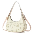 Beige crescent hobo bag with floral prints and adjustable leather shoulder strap - White with Pink (Style 36)